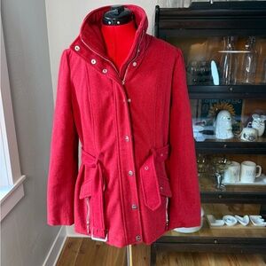 GUESS Red Wool Blend Coat Medium Belted Snap Front Pockets Winter Jacket
